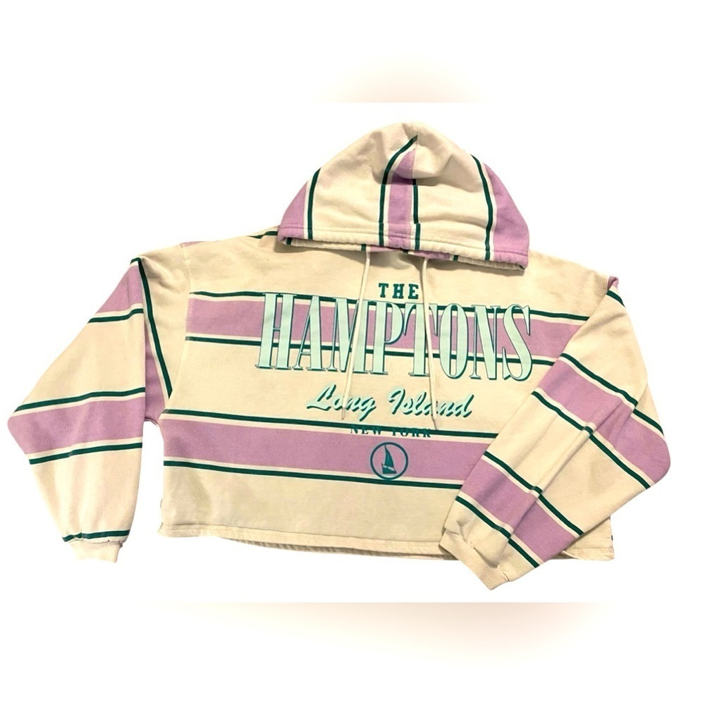 Cute Public Library Hamptons Hoodie Crop Off white purple and green stripes.‌